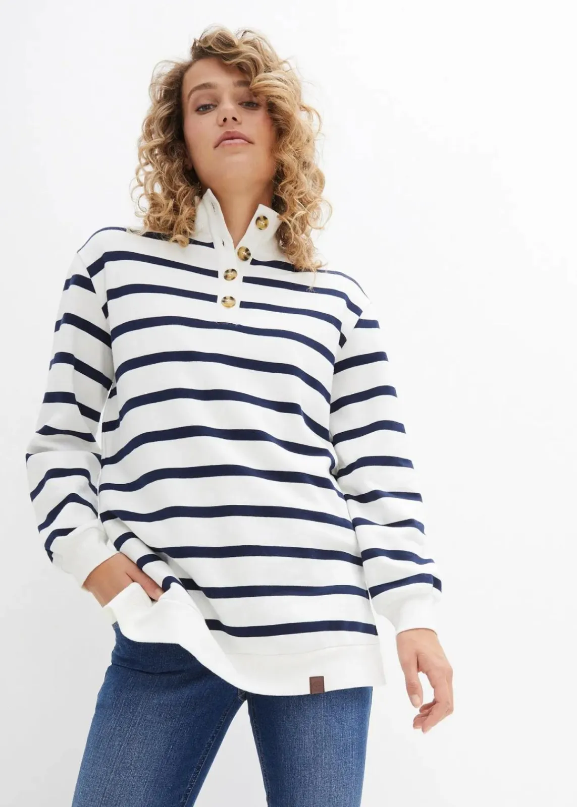 bonprix Sweat|Bekleidung·Blusen & Tuniken^Longsweatshirt mit Troyer-Kragen wollweiß gestreift