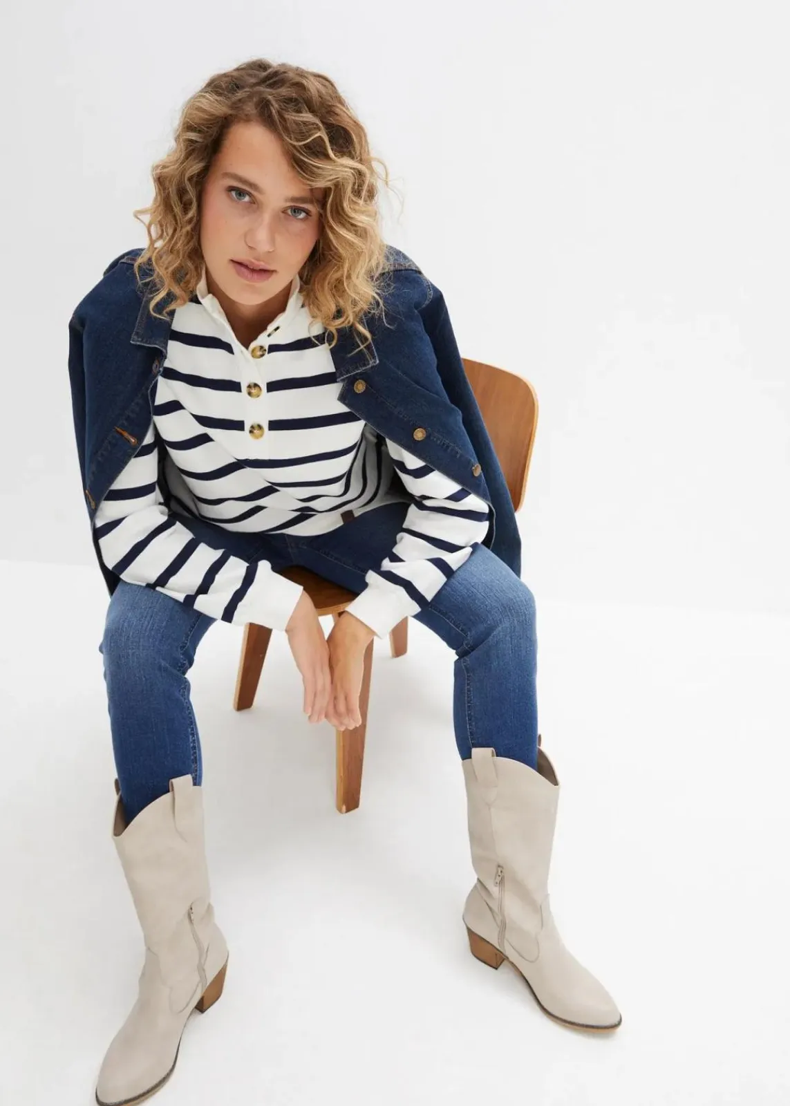 bonprix Sweat|Bekleidung·Blusen & Tuniken^Longsweatshirt mit Troyer-Kragen wollweiß gestreift