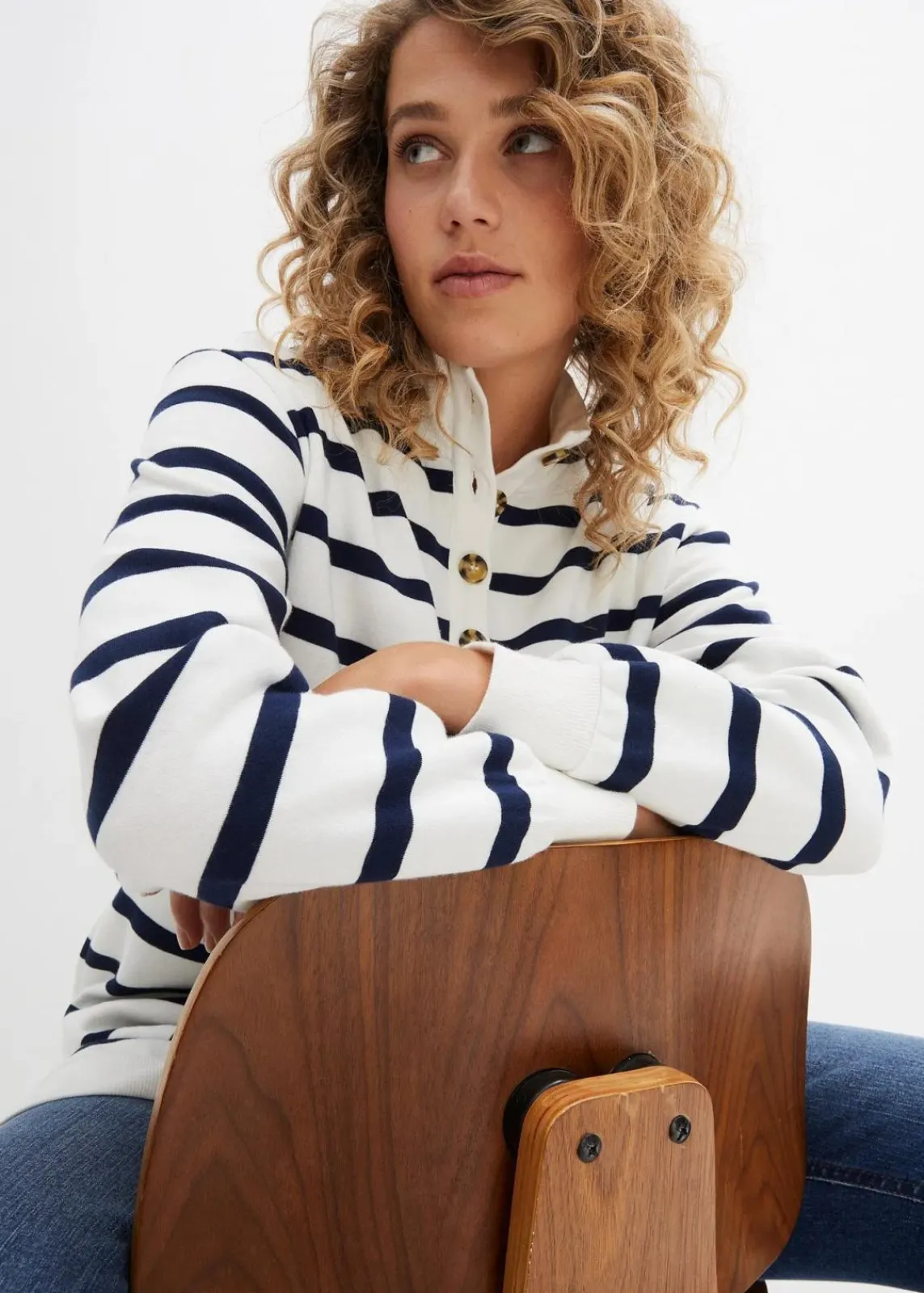 bonprix Sweat|Bekleidung·Blusen & Tuniken^Longsweatshirt mit Troyer-Kragen wollweiß gestreift
