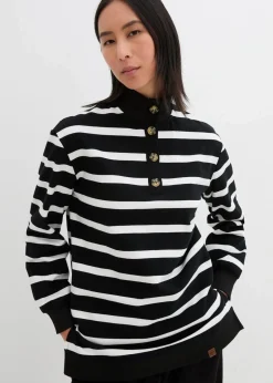 bonprix Bekleidung·Blusen & Tuniken|Sweat^Longsweatshirt mit Troyer-Kragen schwarz/weiß gestreift