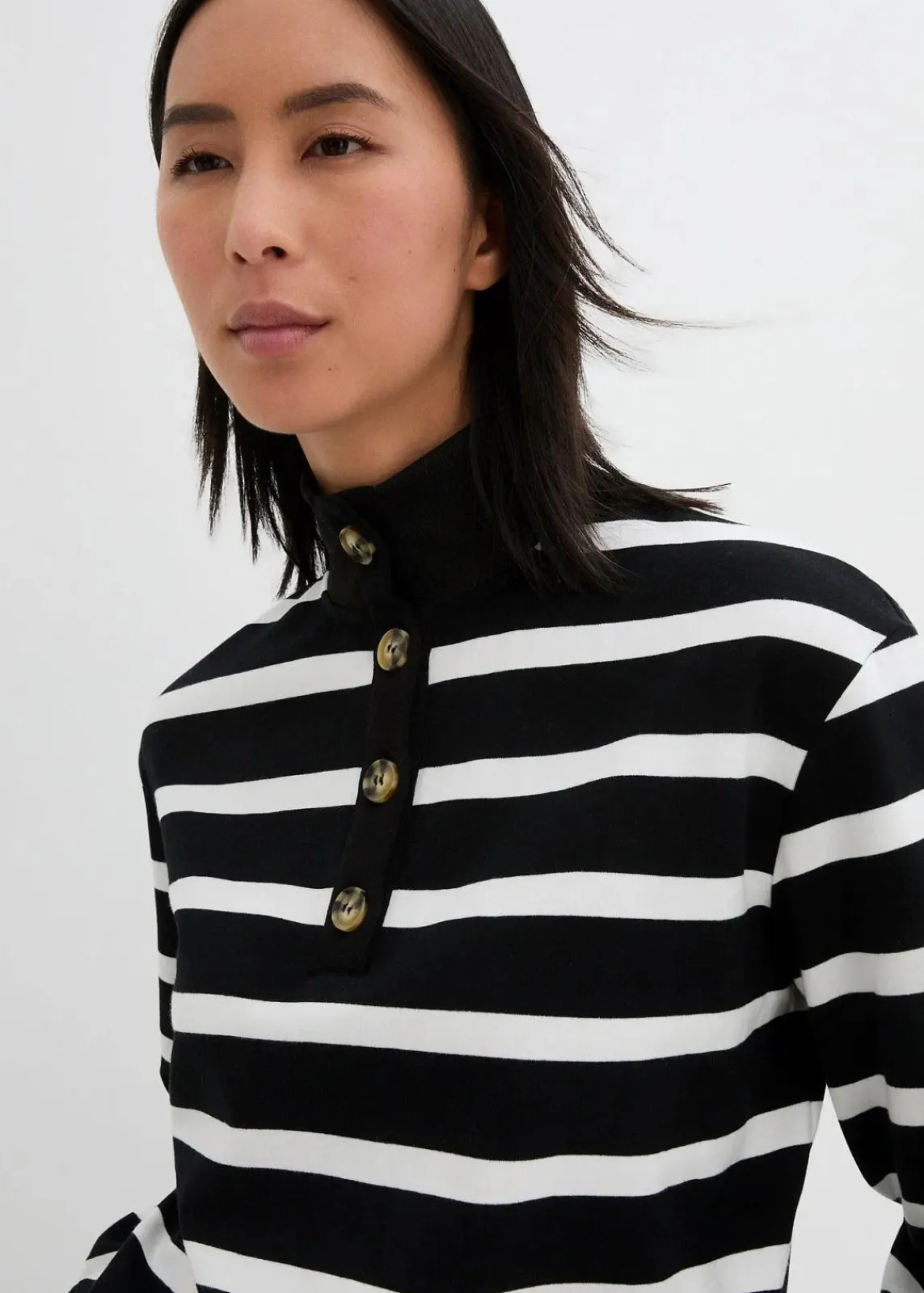 bonprix Bekleidung·Blusen & Tuniken|Sweat^Longsweatshirt mit Troyer-Kragen schwarz/weiß gestreift