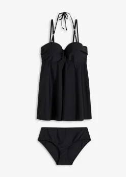bonprix Große Cups D-F|Nachhaltigere Materialien^Long-Tankini mit verzierten Trägern (2-tlg.Set) schwarz