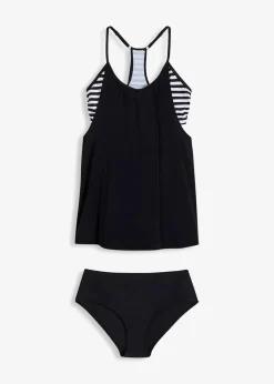 bonprix Nachhaltigere Materialien|Bedeckende Bademode^Long-Tankini (2-tlg. Set) im Lagenlook schwarz/weiß