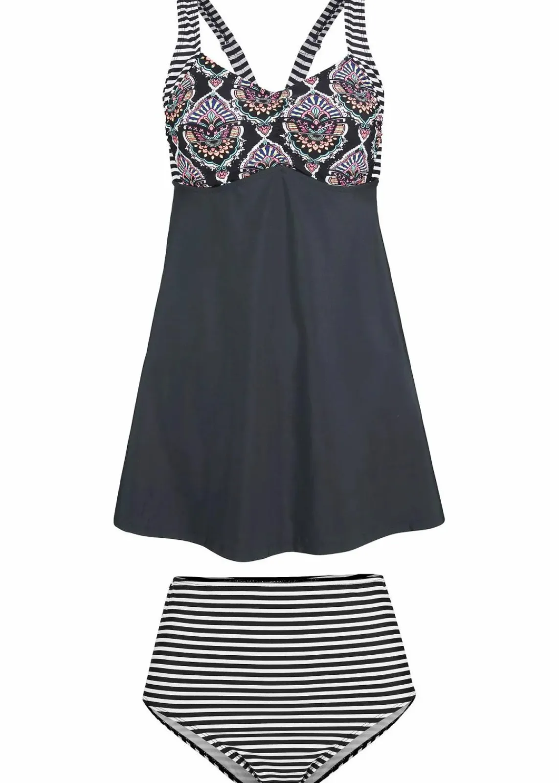 bonprix Nachhaltigere Materialien|Bedeckende Bademode^Long-Tankini (2-tlg. Set) mit Highwaist-Bikinihose schwarz graphisch