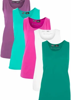 bonprix Shirts & Tops|Basics^Long-Top aus reiner Baumwolle (5er Pack) smaragd + weinbeere + mittelfuchsia + weiß + minzegrün