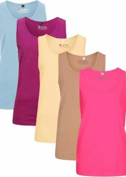 bonprix Shirts & Tops|Basics^Long-Top aus reiner Baumwolle (5er Pack) dunkelpink+violettorchidee+hellblau+hellgelb+eiskaffee