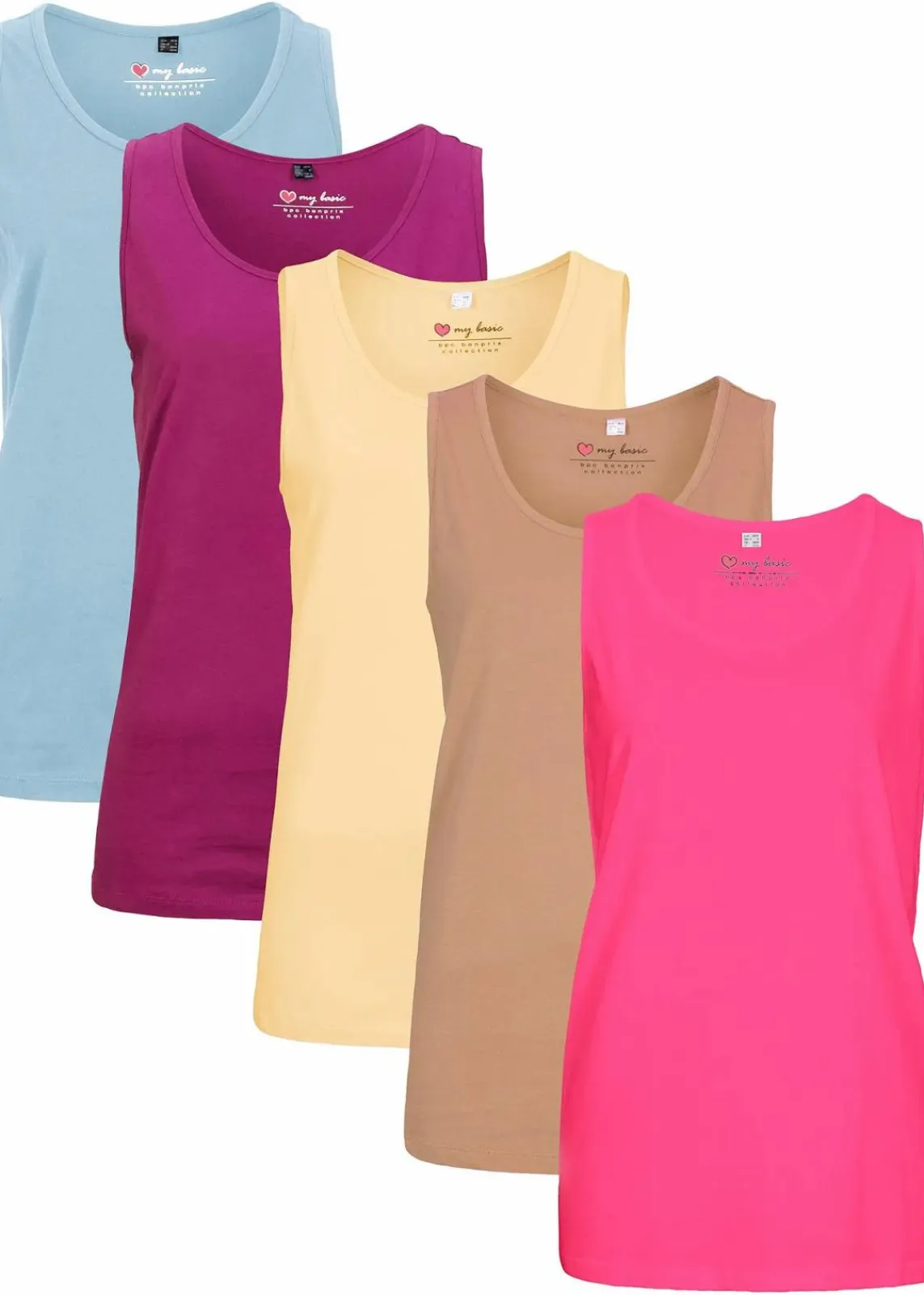 bonprix Shirts & Tops|Basics^Long-Top aus reiner Baumwolle (5er Pack) dunkelpink+violettorchidee+hellblau+hellgelb+eiskaffee