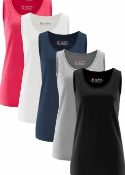 bonprix Shirts & Tops|Basics^Long-Top aus reiner Baumwolle (5er Pack) hibiskuspink + hellgrau meliert + weiß + schwarz + dunkelblau