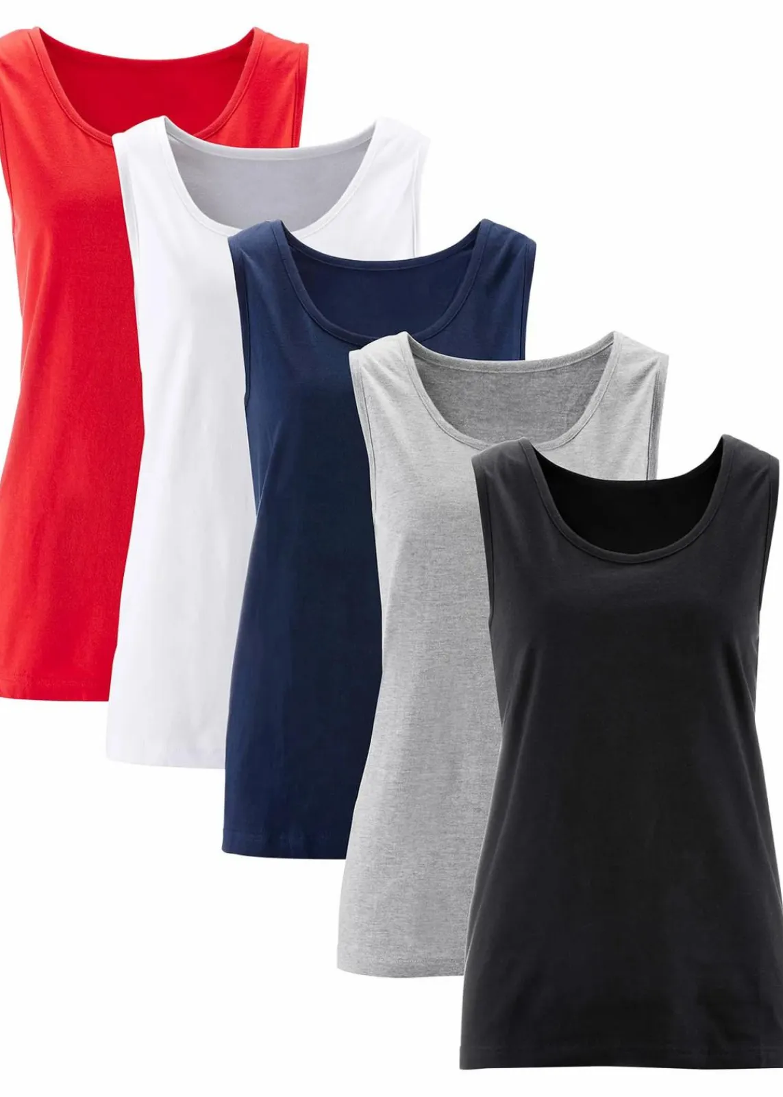 bonprix Shirts & Tops|Basics^Long-Top aus reiner Baumwolle (5er Pack) erdbeere + weiß + hellgrau meliert + dunkelblau + schwarz