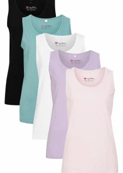 bonprix Shirts & Tops|Basics^Long-Top aus reiner Baumwolle (5er Pack) hellviolett + rauchsalbei + kristallrosa + schwarz + weiß