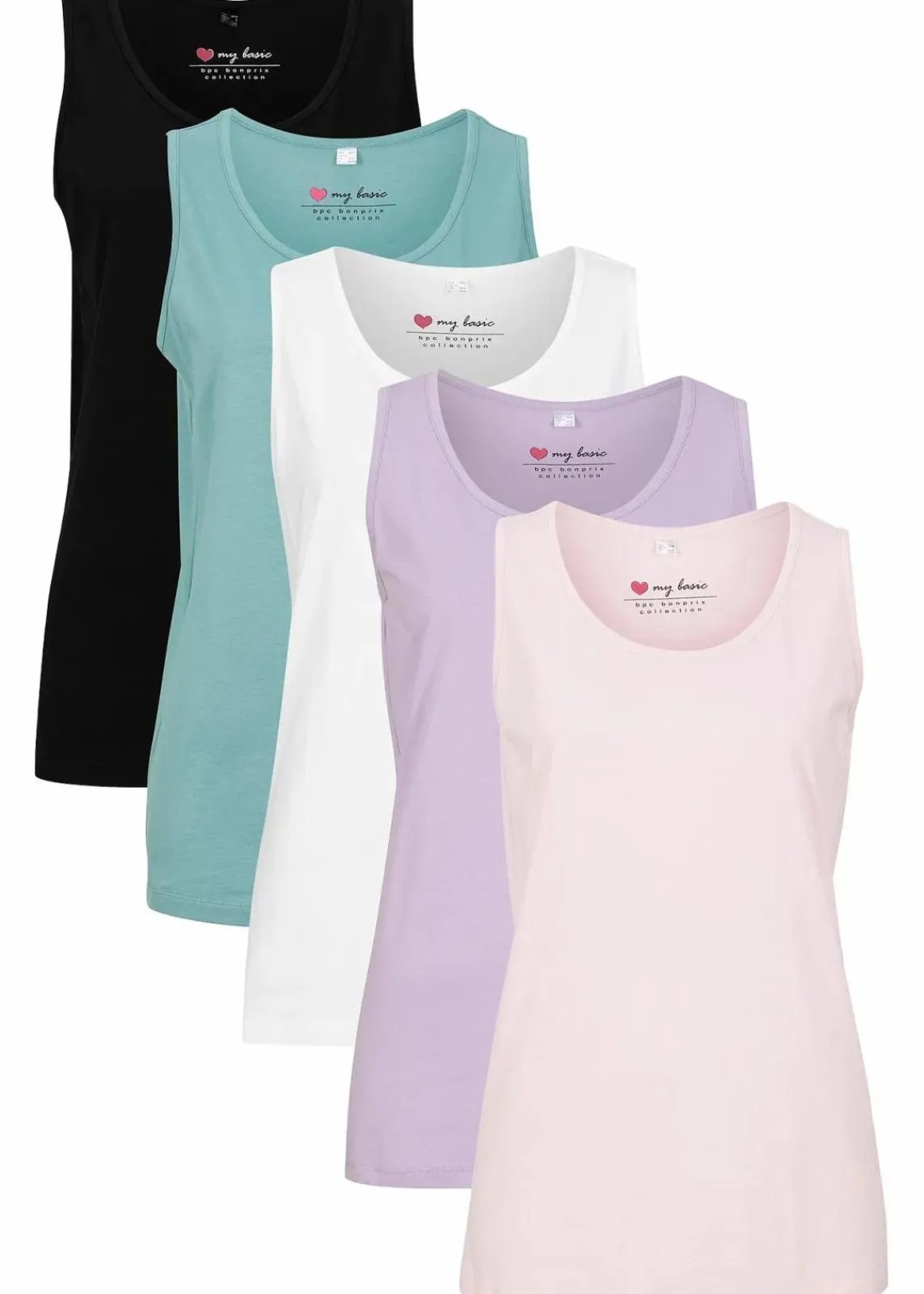 bonprix Shirts & Tops|Basics^Long-Top aus reiner Baumwolle (5er Pack) hellviolett + rauchsalbei + kristallrosa + schwarz + weiß