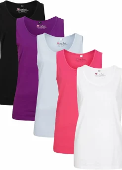 bonprix Shirts & Tops|Basics^Long-Top aus reiner Baumwolle (5er Pack) puderblau + pinklady + weiß + schwarz + tiefviolett