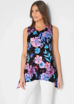 bonprix Shirts & Tops|Nachhaltigere Materialien^Longtop mit Zipfel schwarz / lila geblümt