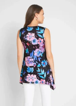 bonprix Shirts & Tops|Nachhaltigere Materialien^Longtop mit Zipfel schwarz / lila geblümt
