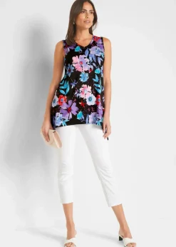 bonprix Shirts & Tops|Nachhaltigere Materialien^Longtop mit Zipfel schwarz / lila geblümt