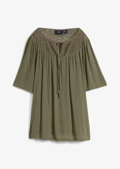 bonprix Nachhaltigere Materialien|Blusen & Tuniken^Long-Tunika aus Crinkle, halbarm oliv