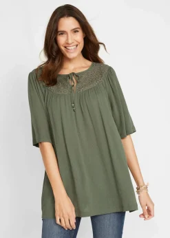 bonprix Nachhaltigere Materialien|Blusen & Tuniken^Long-Tunika aus Crinkle, halbarm oliv