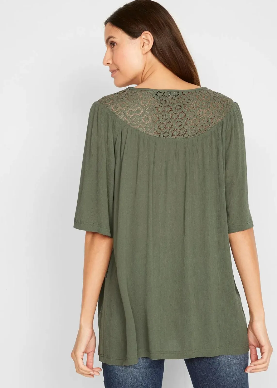 bonprix Nachhaltigere Materialien|Blusen & Tuniken^Long-Tunika aus Crinkle, halbarm oliv