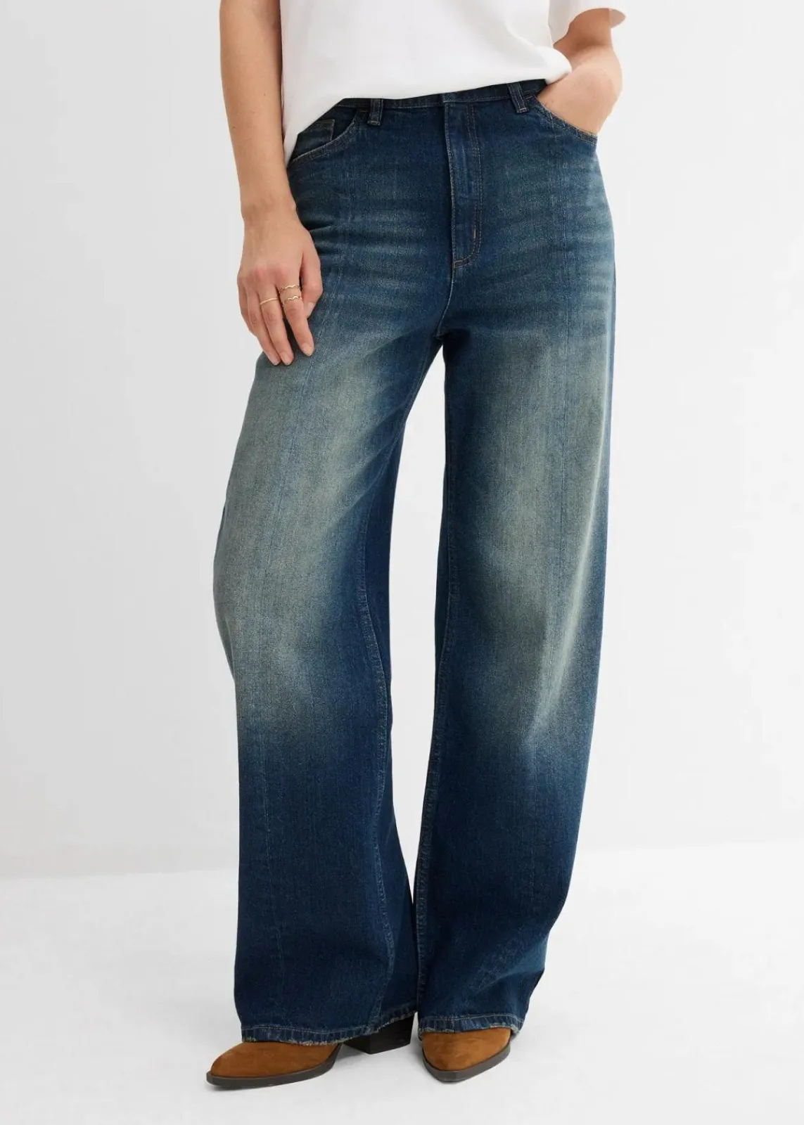 bonprix Bekleidung·Shirts & Tops|Jeans^Loose Straight-Jeans High Waist, Low Stretch dunkelblau denim used