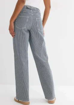 bonprix Bekleidung·Shirts & Tops|Jeans^Loose Straight-Jeans, High Waist, gestreift nachtblau denim/weiß gestreift