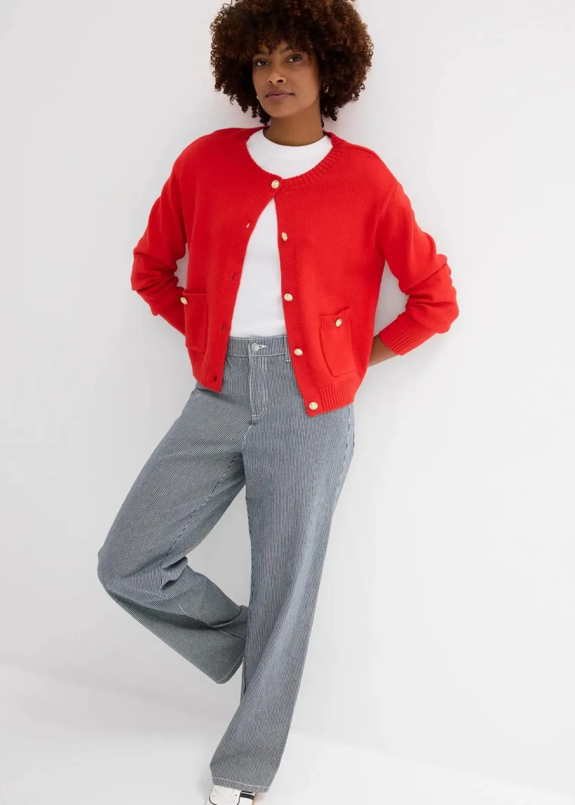 bonprix Bekleidung·Shirts & Tops|Jeans^Loose Straight-Jeans, High Waist, gestreift nachtblau denim/weiß gestreift