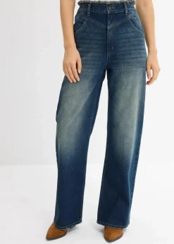 bonprix Bekleidung·Shirts & Tops|Jeans^Loose Straight-Jeans High Waist dunkelblau denim used