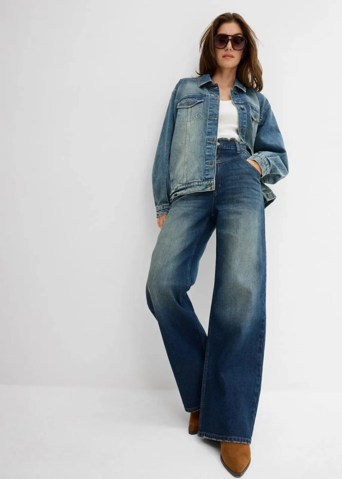 bonprix Bekleidung·Shirts & Tops|Jeans^Loose Straight-Jeans High Waist dunkelblau denim used