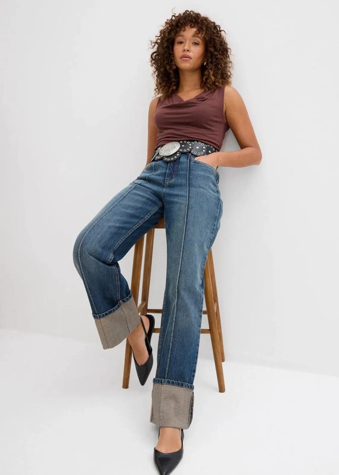 bonprix Kurzgrößen|Bekleidung·Shirts & Tops^Loose Straight-Jeans High Waist dunkelblau denim used