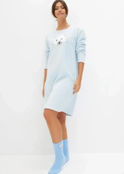 bonprix Wäsche·Homewear|Bekleidung·Strickmode^Loungewear Fleece Nachthemd mit Applikation puderblau