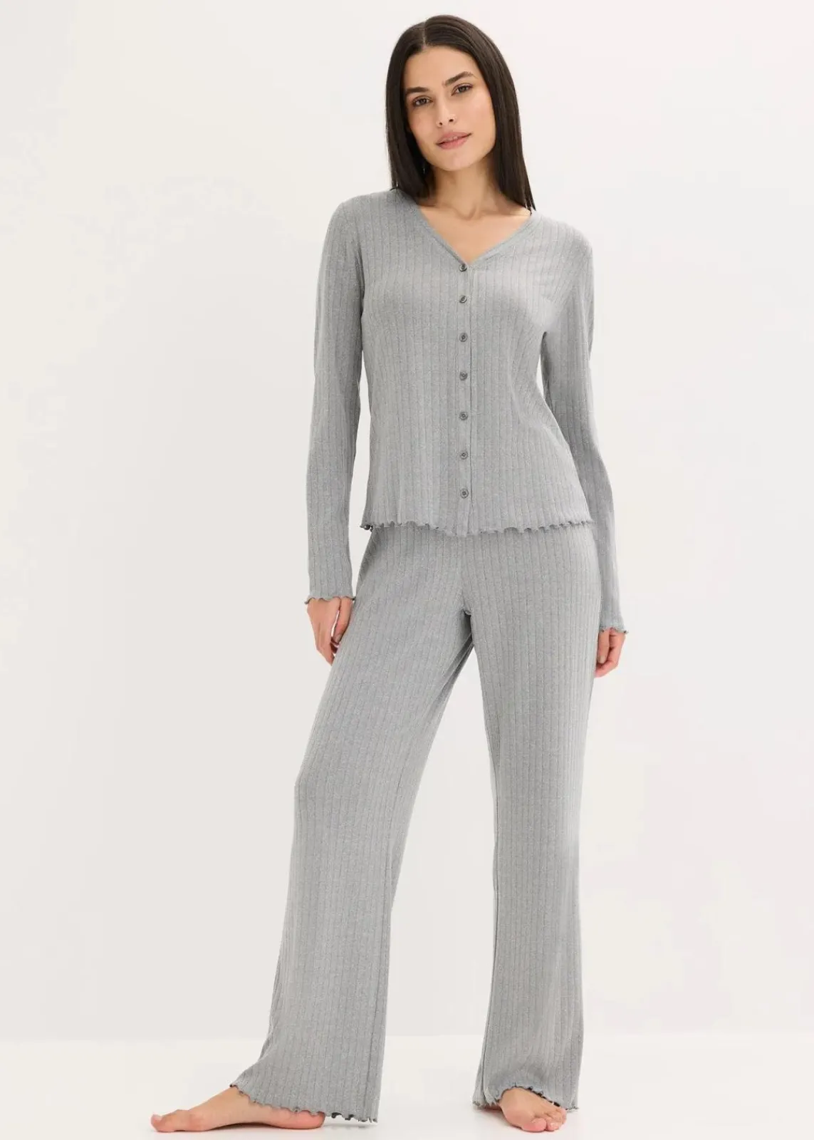 bonprix Wäsche·Homewear|Wäsche·Nachtwäsche^Loungewear Hausanzug aus weichem Pointelle-Jersey grau meliert
