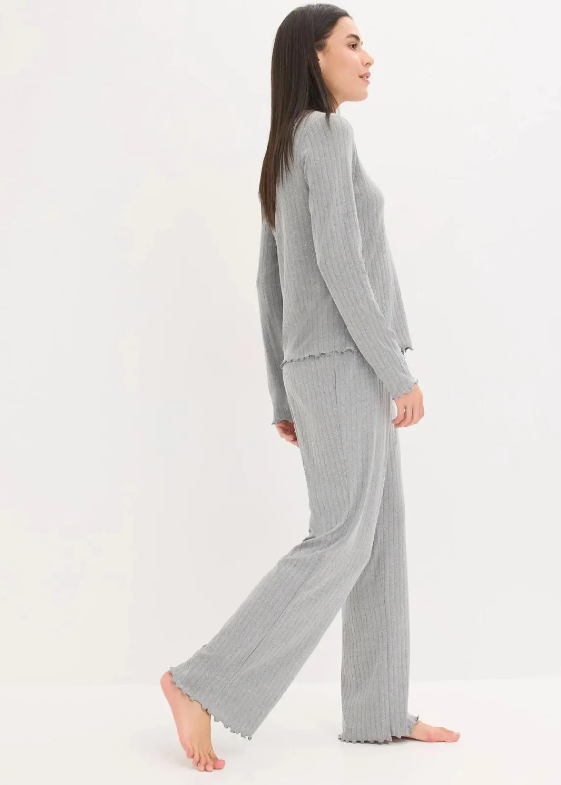 bonprix Wäsche·Homewear|Wäsche·Nachtwäsche^Loungewear Hausanzug aus weichem Pointelle-Jersey grau meliert