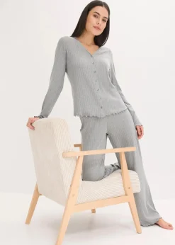 bonprix Wäsche·Homewear|Wäsche·Nachtwäsche^Loungewear Hausanzug aus weichem Pointelle-Jersey grau meliert
