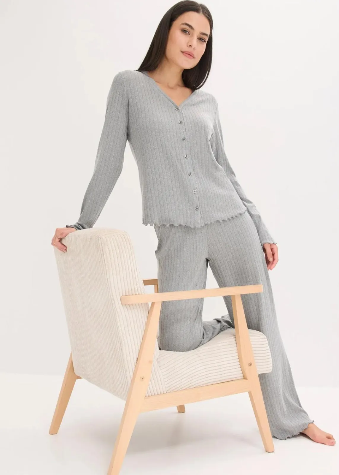 bonprix Wäsche·Homewear|Wäsche·Nachtwäsche^Loungewear Hausanzug aus weichem Pointelle-Jersey grau meliert