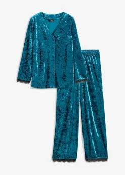 bonprix Wäsche·Homewear|Wäsche·Nachtwäsche^Loungewear Hausanzug aus schimmerndem Samt kobalttürkis/schwarz
