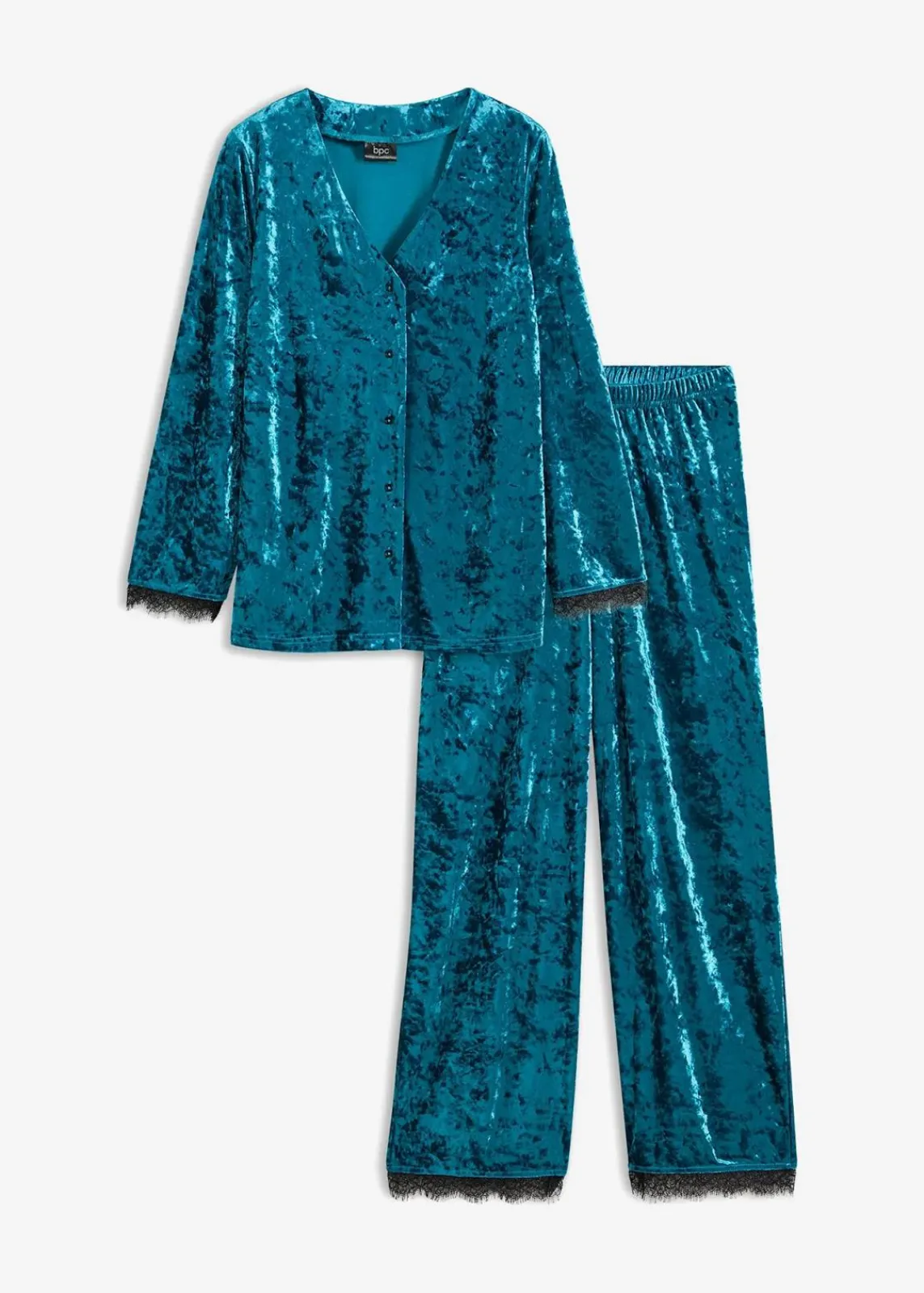 bonprix Wäsche·Homewear|Wäsche·Nachtwäsche^Loungewear Hausanzug aus schimmerndem Samt kobalttürkis/schwarz
