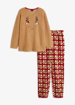 bonprix Wäsche·Homewear|Wäsche·Nachtwäsche^Loungewear Hausanzug aus Fleece mit Stickerei cappuccino/rot kariert