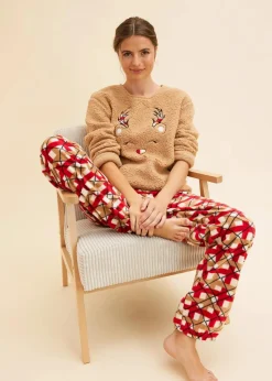 bonprix Wäsche·Homewear|Wäsche·Nachtwäsche^Loungewear Hausanzug aus Fleece mit Stickerei cappuccino/rot kariert