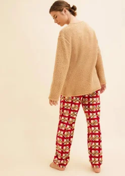 bonprix Wäsche·Homewear|Wäsche·Nachtwäsche^Loungewear Hausanzug aus Fleece mit Stickerei cappuccino/rot kariert
