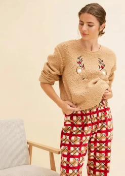 bonprix Wäsche·Homewear|Wäsche·Nachtwäsche^Loungewear Hausanzug aus Fleece mit Stickerei cappuccino/rot kariert