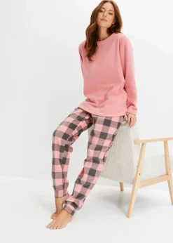 bonprix Wäsche·Homewear|Wäsche·Nachtwäsche^Loungewear Hausanzug aus Fleece rauchrose/schiefergrau kariert