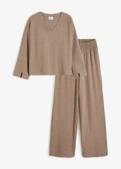 bonprix Wäsche·Homewear|Wäsche·Nachtwäsche^Loungewear Hausanzug mit weitem Bein aus weicher Rippe taupe