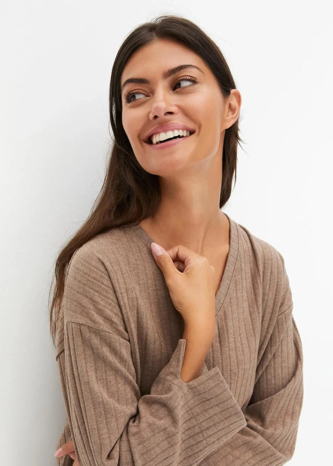 bonprix Wäsche·Homewear|Wäsche·Nachtwäsche^Loungewear Hausanzug mit weitem Bein aus weicher Rippe taupe