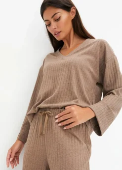bonprix Wäsche·Homewear|Wäsche·Nachtwäsche^Loungewear Hausanzug mit weitem Bein aus weicher Rippe taupe