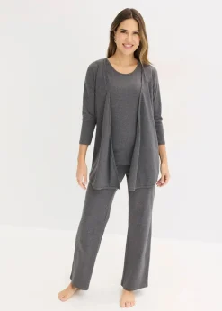 bonprix Wäsche·Homewear|Bekleidung·Strickmode^Loungewear Hausanzug (3-tlg.Set) mit Viskose grau meliert