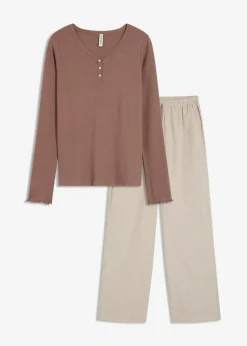bonprix Wäsche·Nachtwäsche|Nachtwäsche^Loungewear Rippshirt mit gewebter Hose mattbraun gestreift