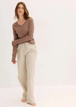bonprix Wäsche·Nachtwäsche|Nachtwäsche^Loungewear Rippshirt mit gewebter Hose mattbraun gestreift