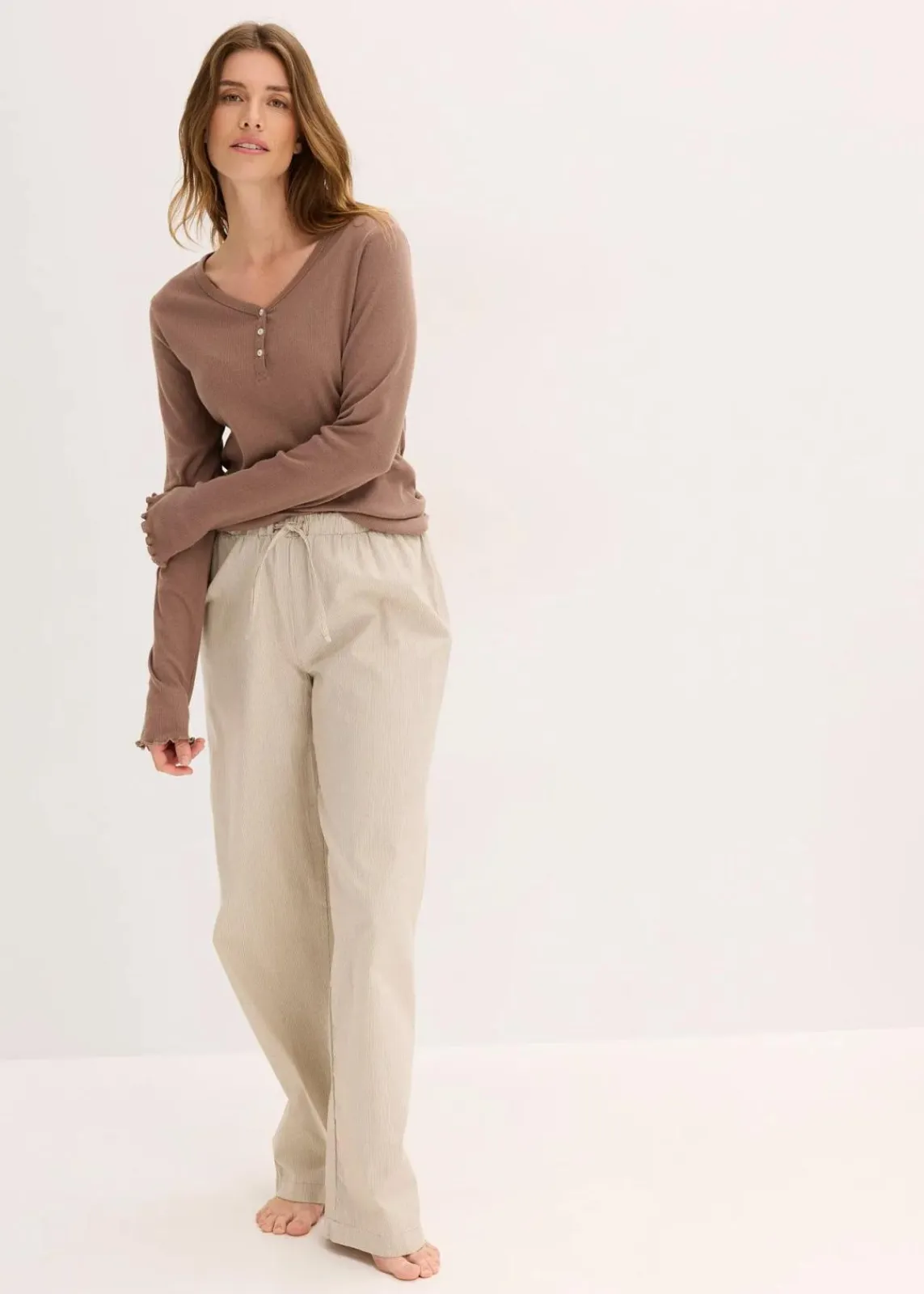 bonprix Wäsche·Nachtwäsche|Nachtwäsche^Loungewear Rippshirt mit gewebter Hose mattbraun gestreift