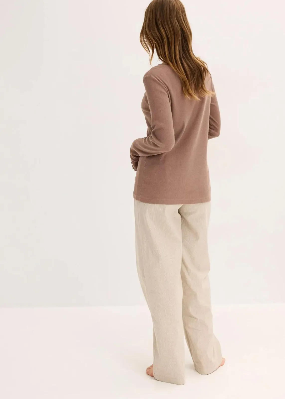 bonprix Wäsche·Nachtwäsche|Nachtwäsche^Loungewear Rippshirt mit gewebter Hose mattbraun gestreift