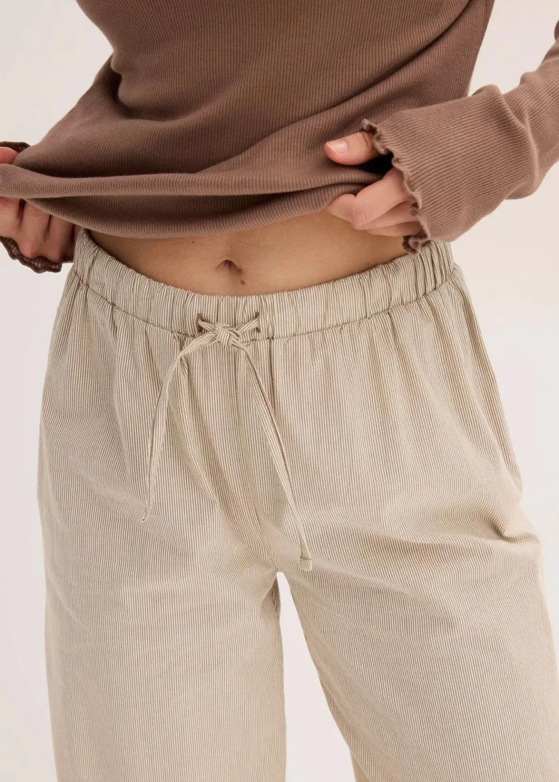 bonprix Wäsche·Nachtwäsche|Nachtwäsche^Loungewear Rippshirt mit gewebter Hose mattbraun gestreift