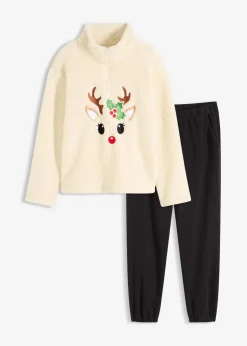 bonprix Wäsche·Homewear|Wäsche·Nachtwäsche^Loungewear Teddy Hausanzug mit Fleecehose naturbeige/schwarz bestickt